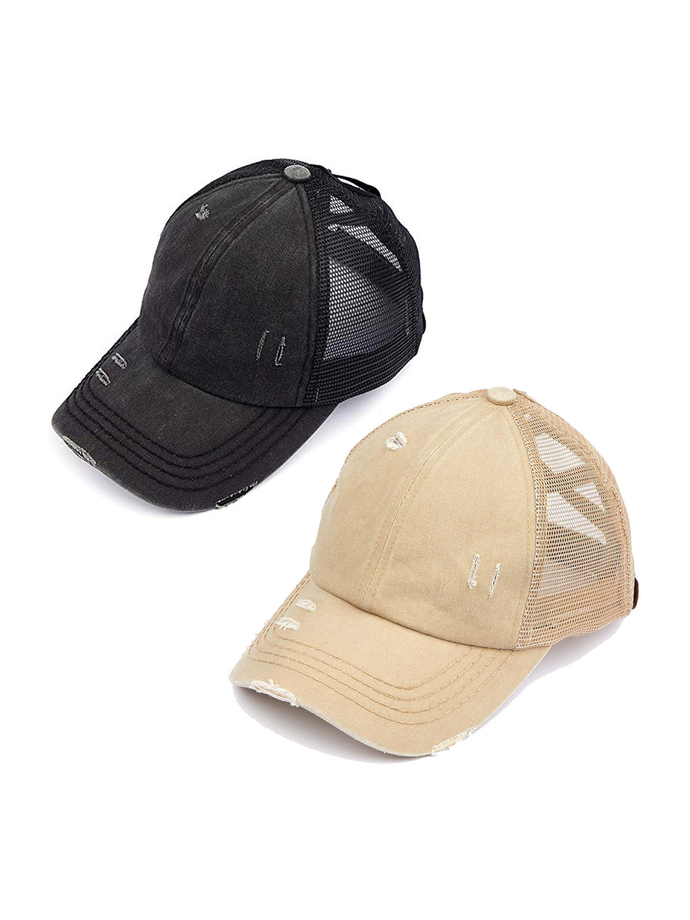 Criss Cross Ponytail Cap, Messy Bun Distressed | 2 Packs, Black, Khaki | Size OS